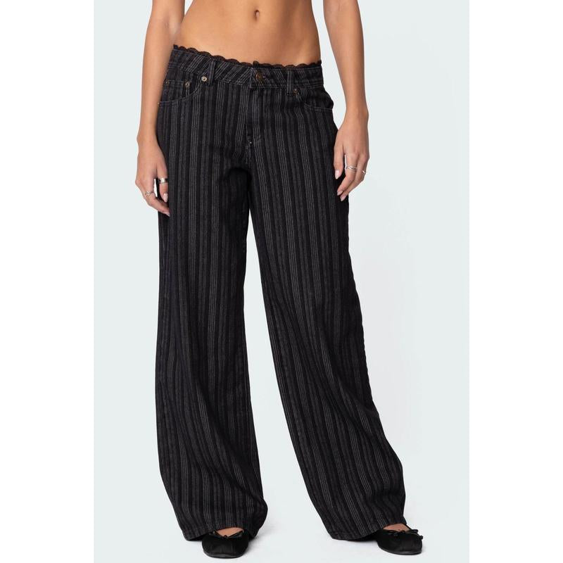 Lace Trim Striped Low Rise Jeans