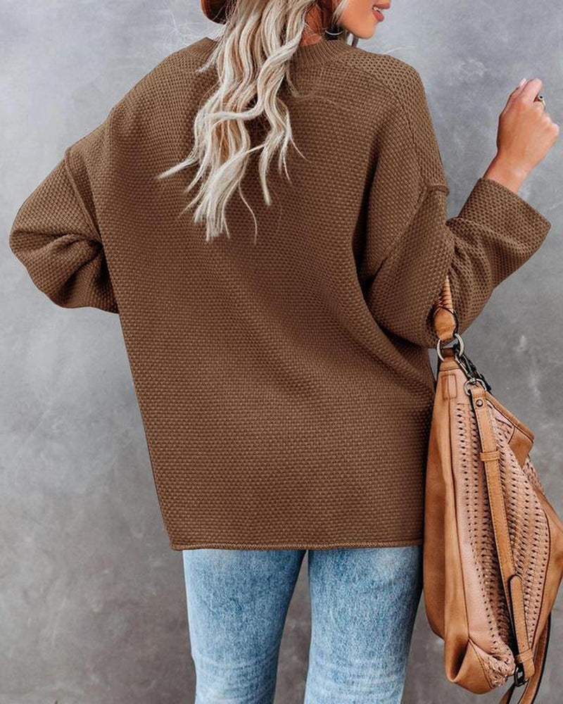 Chic Women's V-Neck Oversized Batwing Sweater - Cozy Button-Up Henley Pullover with Chunky Knit Design