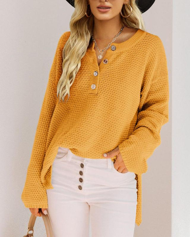 Chic Women's V-Neck Oversized Batwing Sweater - Cozy Button-Up Henley Pullover with Chunky Knit Design