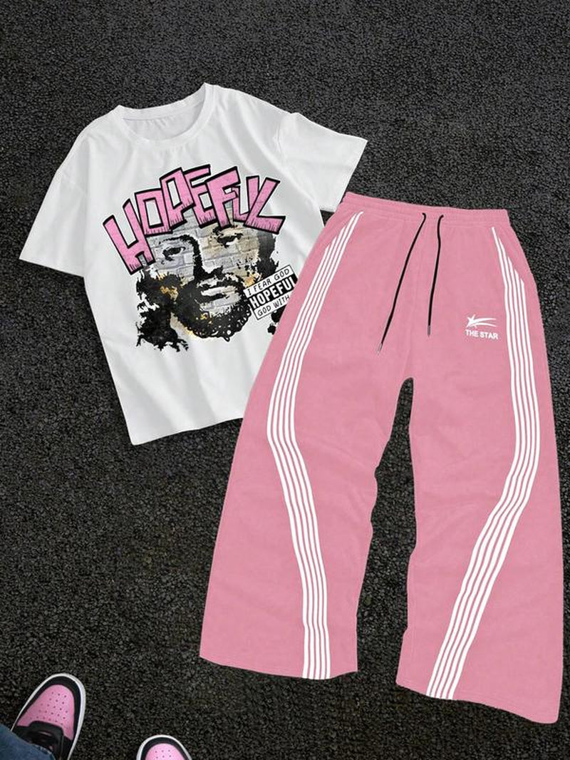 Stylish Men's Graphic Tee & Side Stripe Drawstring Pants Set - Perfect for Casual Spring & Fall Wear
