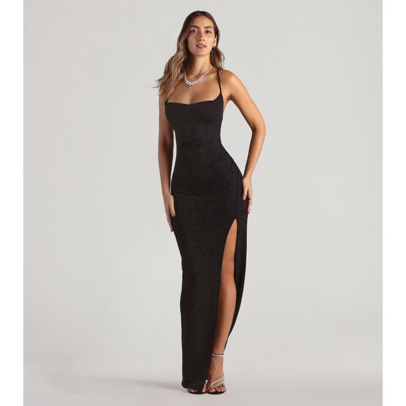 Stunning Amirah Glitter Cowl Neck Column Dress for Elegant Occasions