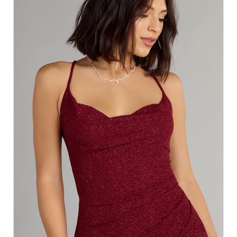 Stunning Amirah Glitter Cowl Neck Column Dress for Elegant Occasions