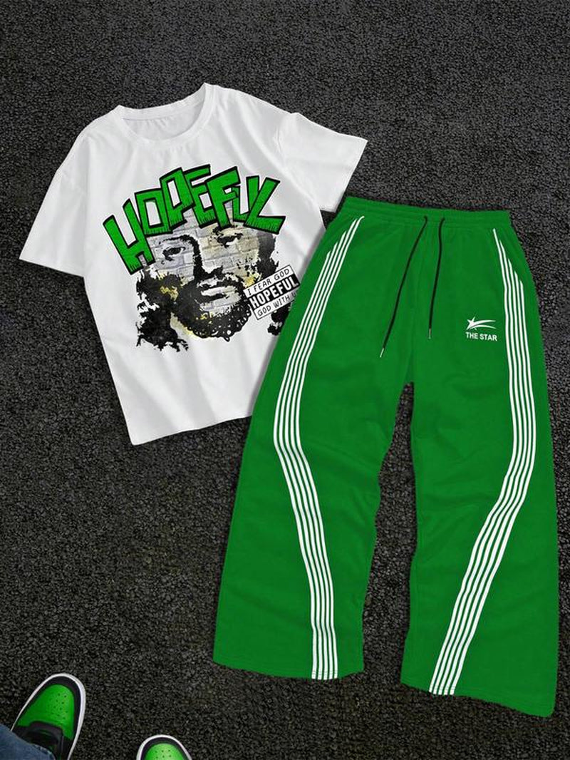 Stylish Men's Graphic Tee & Side Stripe Drawstring Pants Set - Perfect for Casual Spring & Fall Wear