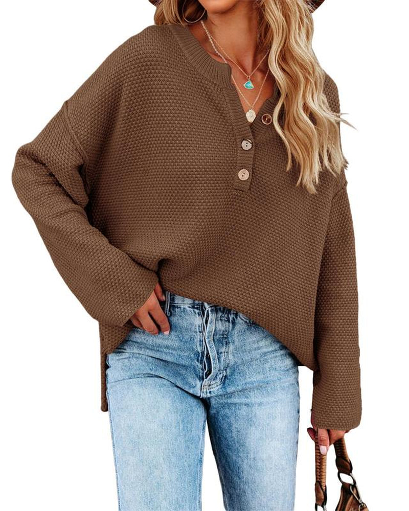 Chic Women's V-Neck Oversized Batwing Sweater - Cozy Button-Up Henley Pullover with Chunky Knit Design