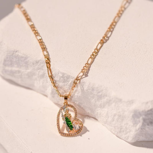 St. Jude 14K Gold Prayer Necklace with Green Zirconia Pendant - Unisex Copper Jewelry for Faith and Career Inspiration