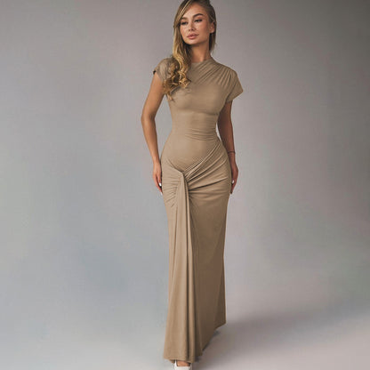 Autumn new product fashionable temperament slim fit pleated lace up short sleeved dress for women