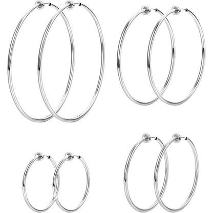 LOYALLOOK 4 Pairs Stainless Steel Clip on Hoop Earrings for Women Fake Hoop Earrings Spring Hoop Earrings for Non-Pierced Ears