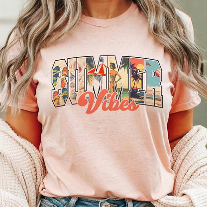 Retro Summer Vibes Graphic Tee Beach Vibes Summer Vintage Tshirt Casual Summer Women'S Shirt Lightweight Ocean Vacation Top