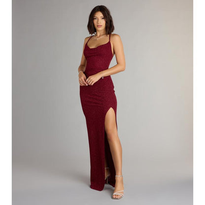 Stunning Amirah Glitter Cowl Neck Column Dress for Elegant Occasions