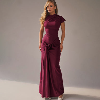 Autumn new product fashionable temperament slim fit pleated lace up short sleeved dress for women