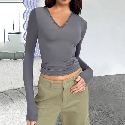 Autumn and winter women's V-neck long-sleeved basic slim fit all-match T-shirt tops for women