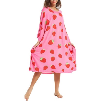 Women's nightgown home clothes T-shirt short sleeved printed pajamas nightgown with pockets