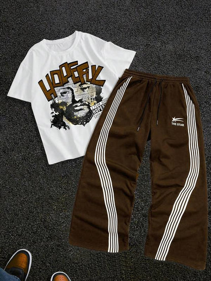 Stylish Men's Graphic Tee & Side Stripe Drawstring Pants Set - Perfect for Casual Spring & Fall Wear