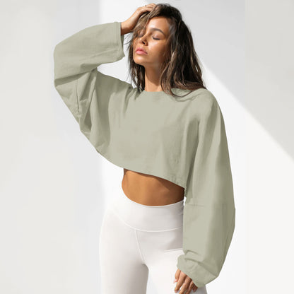 Umbilical round neck sweatshirt, European and American women's short sports base shirt, T-shirt, knitted shirt, long sleeved top