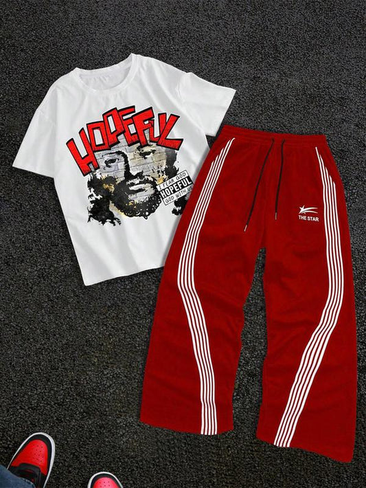 Stylish Men's Graphic Tee & Side Stripe Drawstring Pants Set - Perfect for Casual Spring & Fall Wear