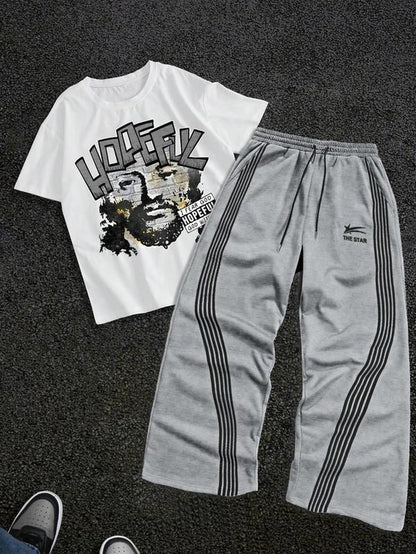 Stylish Men's Graphic Tee & Side Stripe Drawstring Pants Set - Perfect for Casual Spring & Fall Wear