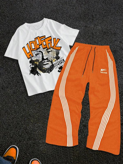 Stylish Men's Graphic Tee & Side Stripe Drawstring Pants Set - Perfect for Casual Spring & Fall Wear
