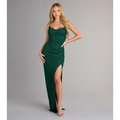 Stunning Amirah Glitter Cowl Neck Column Dress for Elegant Occasions