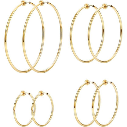 LOYALLOOK 4 Pairs Stainless Steel Clip on Hoop Earrings for Women Fake Hoop Earrings Spring Hoop Earrings for Non-Pierced Ears