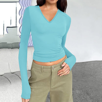 Autumn and winter women's V-neck long-sleeved basic slim fit all-match T-shirt tops for women