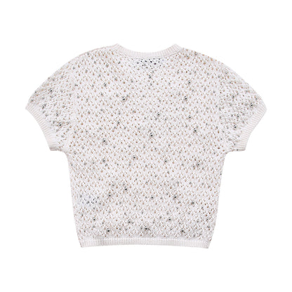European and American style beaded round neck pullover short sleeved slim knit sweater