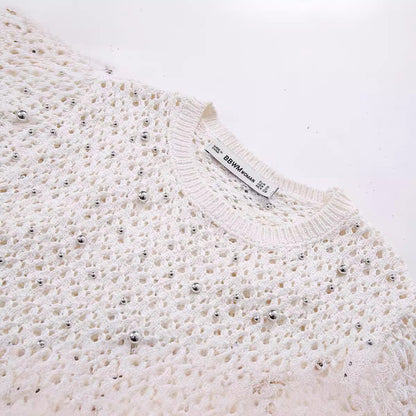 European and American style beaded round neck pullover short sleeved slim knit sweater