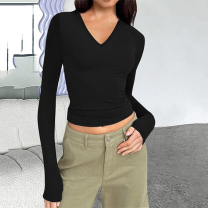 Autumn and winter women's V-neck long-sleeved basic slim fit all-match T-shirt tops for women