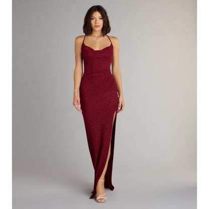 Stunning Amirah Glitter Cowl Neck Column Dress for Elegant Occasions