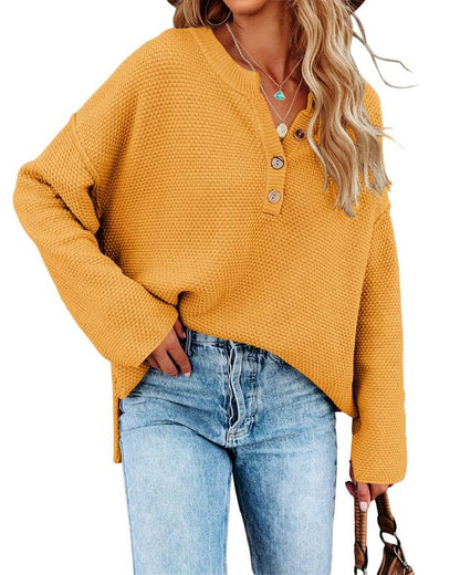 Chic Women's V-Neck Oversized Batwing Sweater - Cozy Button-Up Henley Pullover with Chunky Knit Design