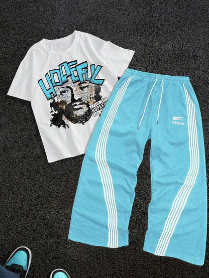 Stylish Men's Graphic Tee & Side Stripe Drawstring Pants Set - Perfect for Casual Spring & Fall Wear