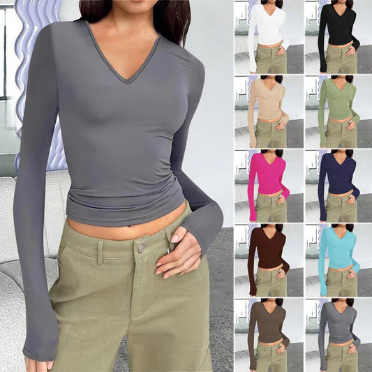 Autumn and winter women's V-neck long-sleeved basic slim fit all-match T-shirt tops for women