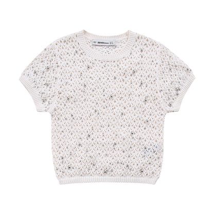 European and American style beaded round neck pullover short sleeved slim knit sweater