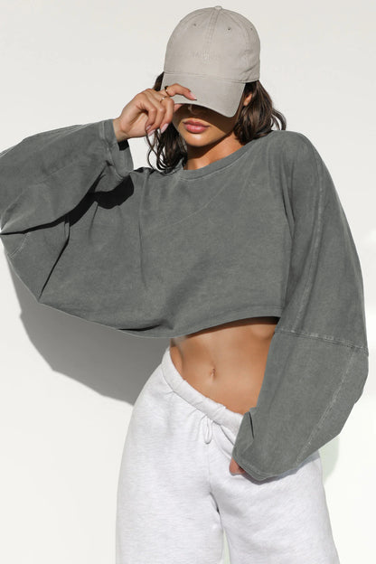 Umbilical round neck sweatshirt, European and American women's short sports base shirt, T-shirt, knitted shirt, long sleeved top