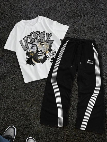 Stylish Men's Graphic Tee & Side Stripe Drawstring Pants Set - Perfect for Casual Spring & Fall Wear