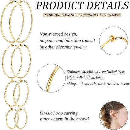 LOYALLOOK 4 Pairs Stainless Steel Clip on Hoop Earrings for Women Fake Hoop Earrings Spring Hoop Earrings for Non-Pierced Ears